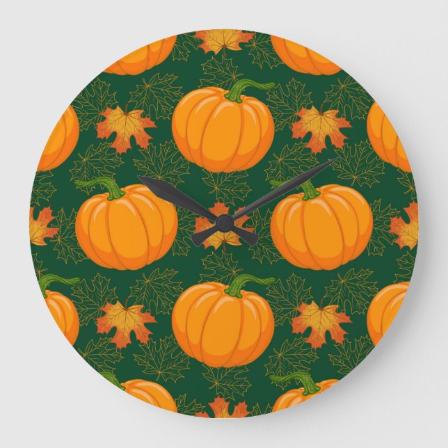 Orange Pumpkin Höst löv Mönster Stor Klocka (Framsida)