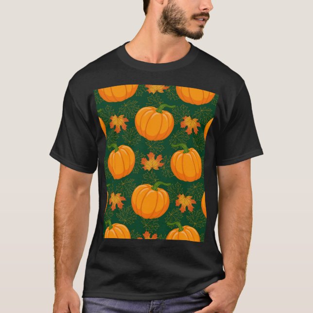 Orange Pumpkin Höst löv Mönster T Shirt (Framsida)