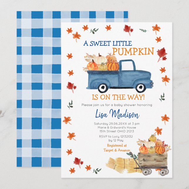 Orange Pumpkin Lastbil Baby Shower Girl-inbjudan Inbjudningar (Fram/baksida)