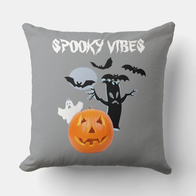 Orange Pumpkin med White Ghost och Fladdermus Kudde (Framsida)