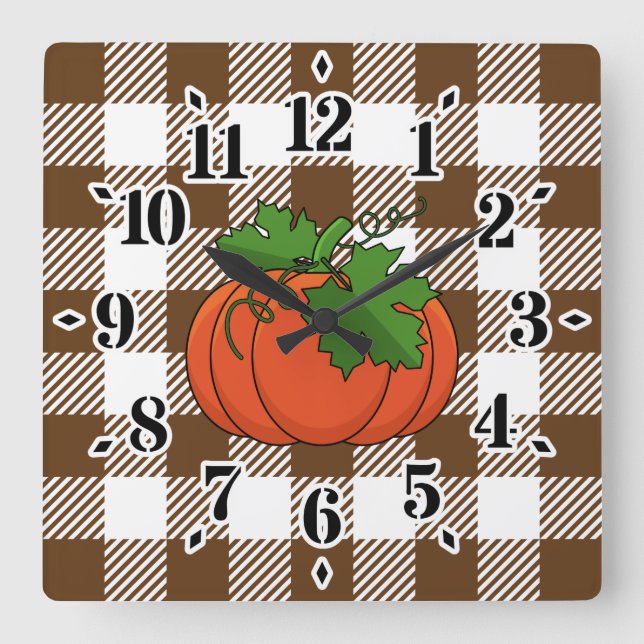 Orange Pumpkin på White Brown Checkered Mönster Fyrkantig Klocka (Framsida)