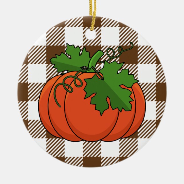Orange Pumpkin på White Brown Checkered Mönster Julgransprydnad Keramik (Framsidan)