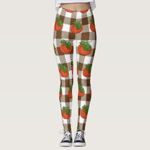 Orange Pumpkin på White Brown Checkered Mönster Leggings