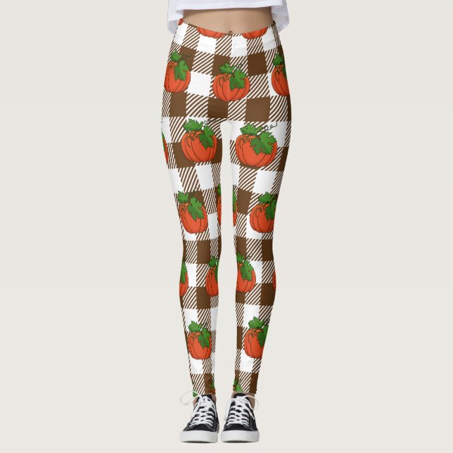 Orange Pumpkin på White Brown Checkered Mönster Leggings (Framsida)