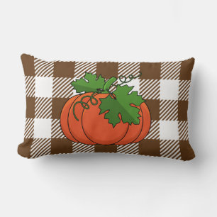 Orange Pumpkin på White Brown Checkered Mönster Lumbarkudde