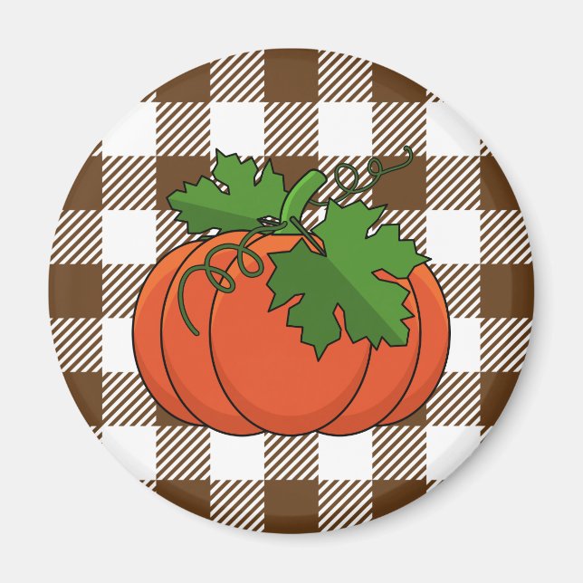 Orange Pumpkin på White Brown Checkered Mönster Magnet (Framsidan)