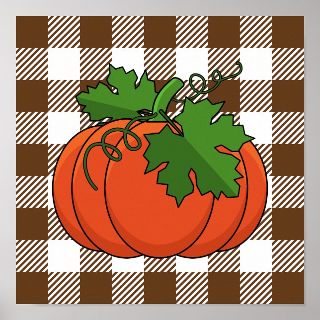 Orange Pumpkin på White Brown Checkered Mönster Poster (Framsidan)