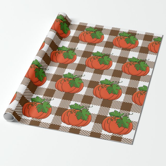 Orange Pumpkin på White Brown Checkered Mönster Presentpapper (Utrullad)