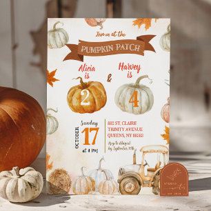 Orange Pumpkin Patch Tractor Joint Birthday Inbjudningar