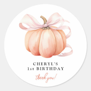 Orange Pumpkin Rosa Bow 1:a födelsedagen Runt Klistermärke