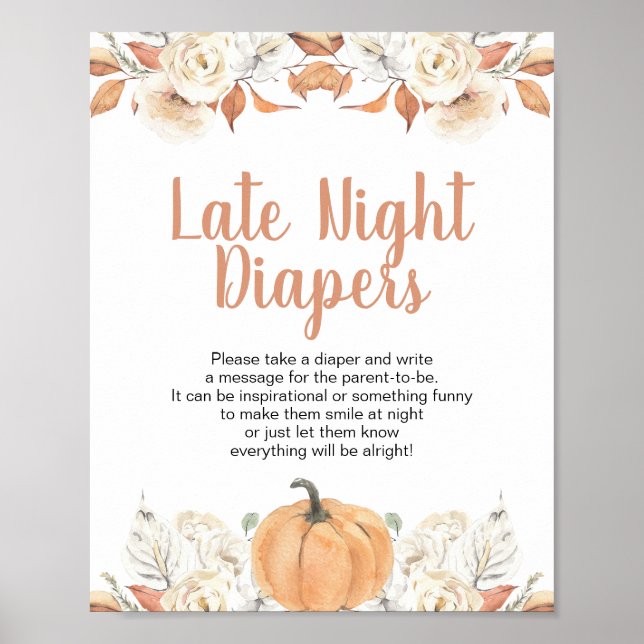 Orange Pumpkin Rustic Blommigt Late Night Diaper Poster (Framsidan)