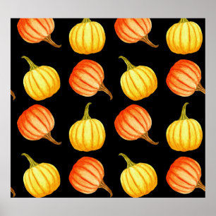 Orange Pumpkin: Sömlös Watercolor Mönster. Poster