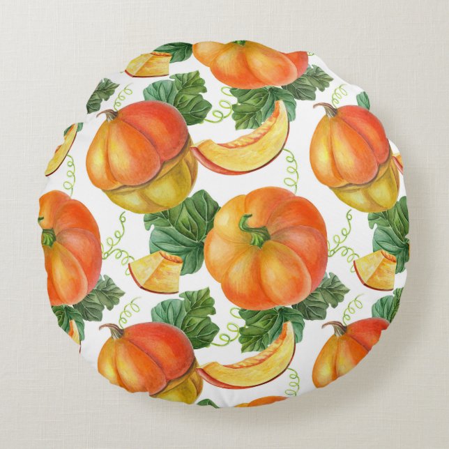 Orange Pumpkin: sommarhösten Vegetable Mönster. Rund Kudde (Framsidan)
