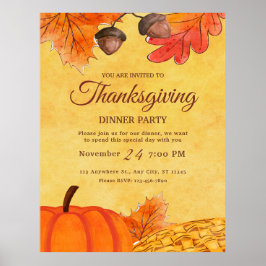 Orange Pumpkin Thanksgiving middag party Printable Poster