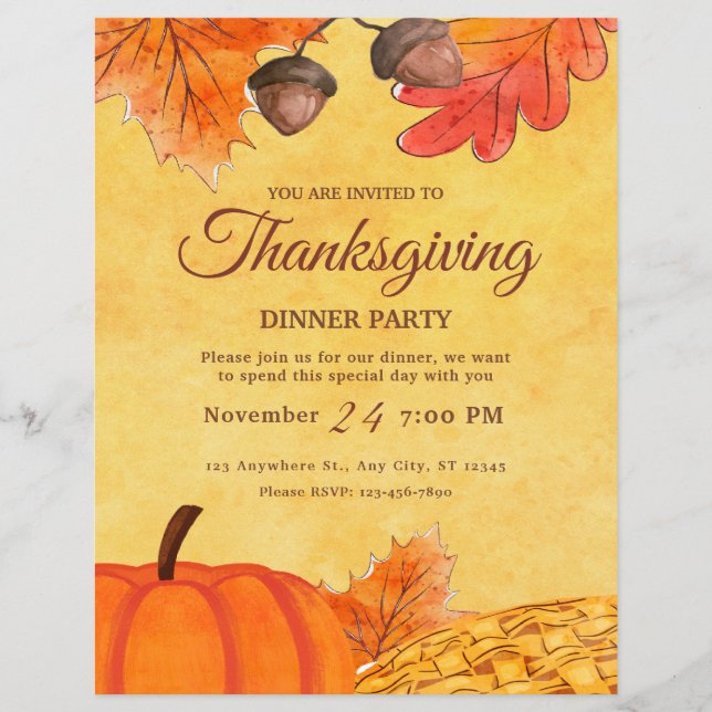 Orange Pumpkin Thanksgiving middag party Printable Reklamblad (Framsidan)