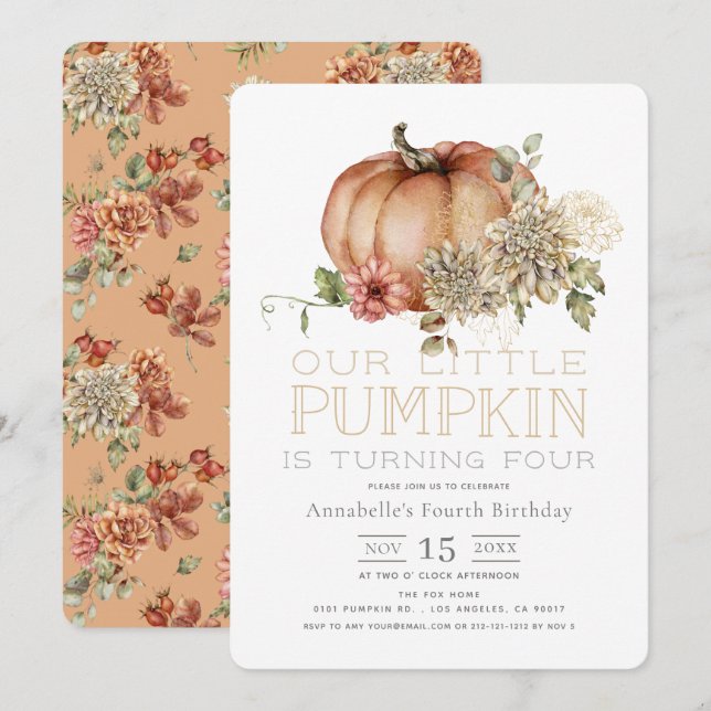 Orange Pumpkin & White Dahlia Birthday-inbjudan Inbjudningar (Fram/baksida)