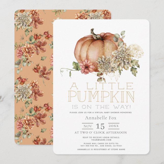 Orange Pumpkin & White Dahlia Virtuell Baby Shower Inbjudningar (Fram/baksida)