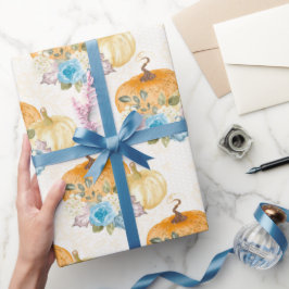 Orange Pumpkins and Blåa blommor Thanksgiving Presentpapper