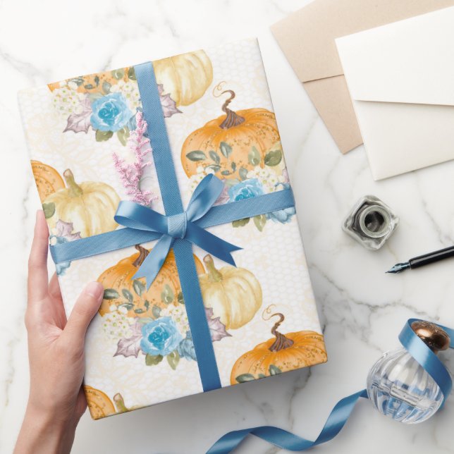 Orange Pumpkins and Blåa blommor Thanksgiving Presentpapper (Gifting)