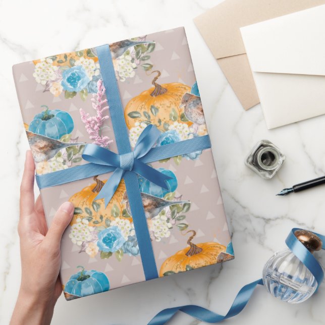 Orange Pumpkins Blue Pumpkins and Flowers (tack) Presentpapper (Gifting)