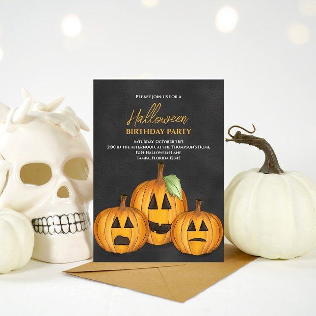 Orange Pumpkins Halloween-Födelsedagsfest Inbjudningar (Halloween birthday party orange and black pumpkin invitations)