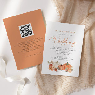 Orange Pumpor Höstblommor QR-kod Bröllopsinbjudan Inbjudningar