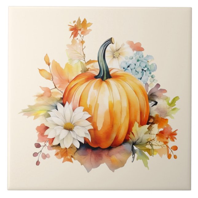 Orange pumpor och blommor Höst Kakelplatta (Framsidan)
