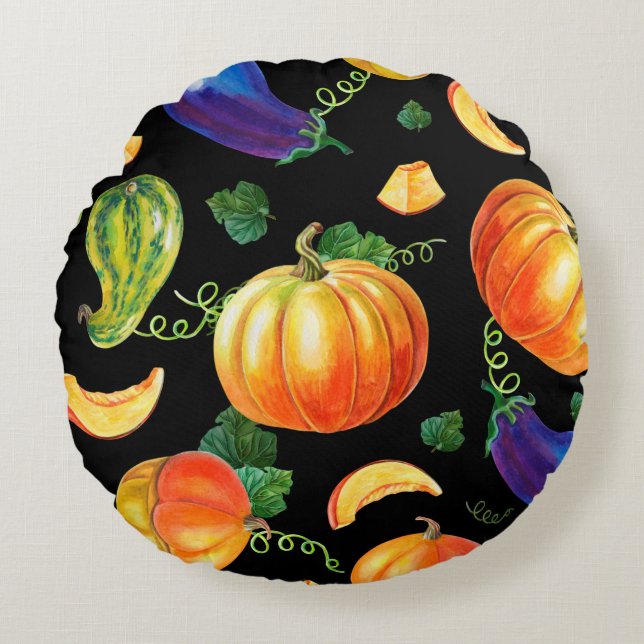Orange pumpor, stripe zucchini, blåäggplanta på rund kudde (Framsidan)