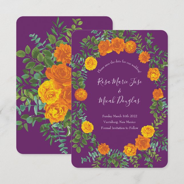 Orange & Purple Plum Pionrosbröllop Spara Datum Inbjudningar (Fram/baksida)