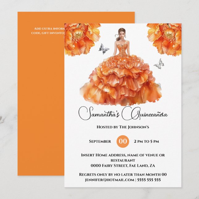 Orange Quinceañera ballgown peony blommigt blommor Inbjudningar (Fram/baksida)