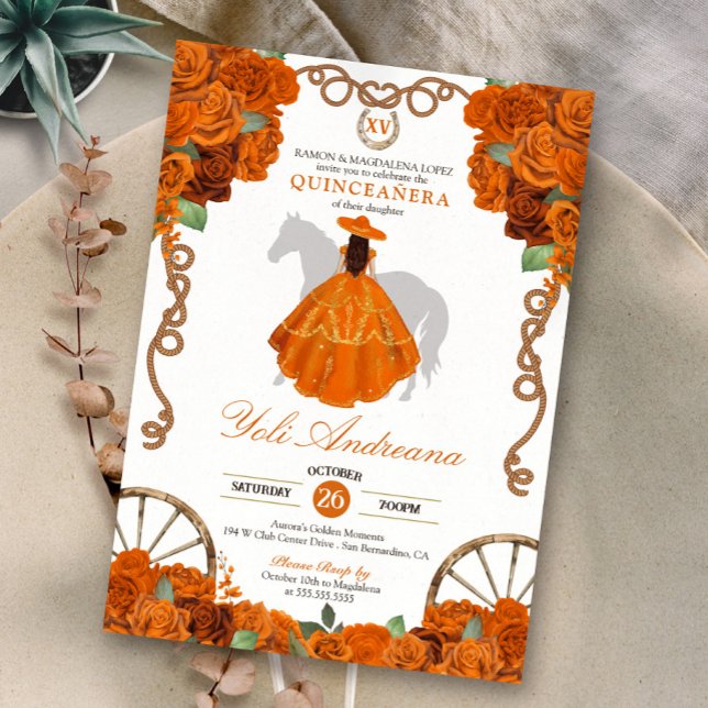 Orange Quinceanera Rustic Western Charra Inbjudningar (Skapare uppladdad)
