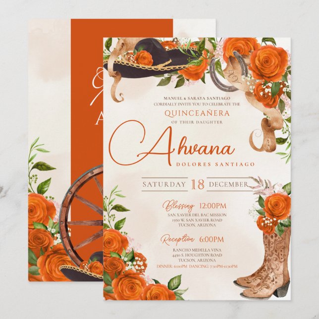 Orange Quinceanera Vintage Charro Westernare Ro Inbjudningar (Fram/baksida)