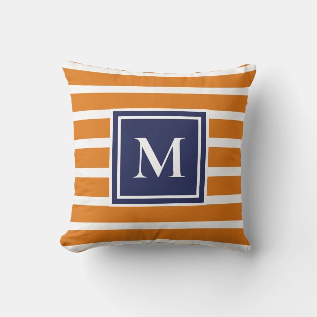Orange randig modern monogram kustnära nautisk kudde (Framsida)