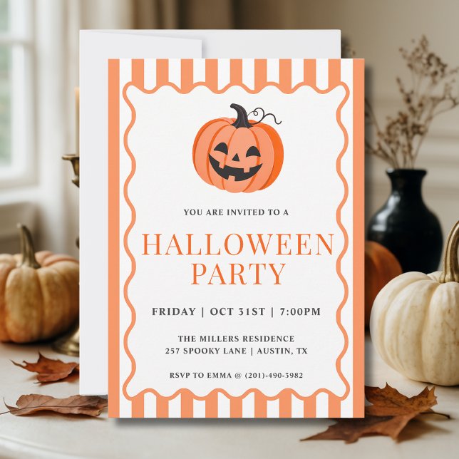    Orange Randig Pumpa Halloweenfest Inbjudningar (Skapare uppladdad)