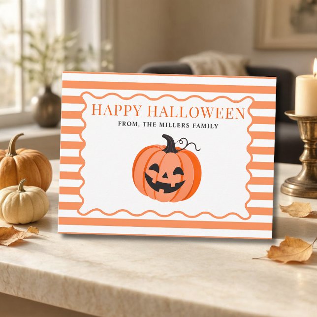 Orange Randig Pumpa Halloweenhälsning Helg Vykort (Skapare uppladdad)