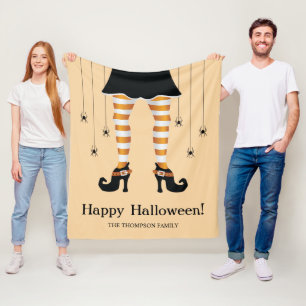 Orange randiga häxben och spindlar Halloween Fleecefilt
