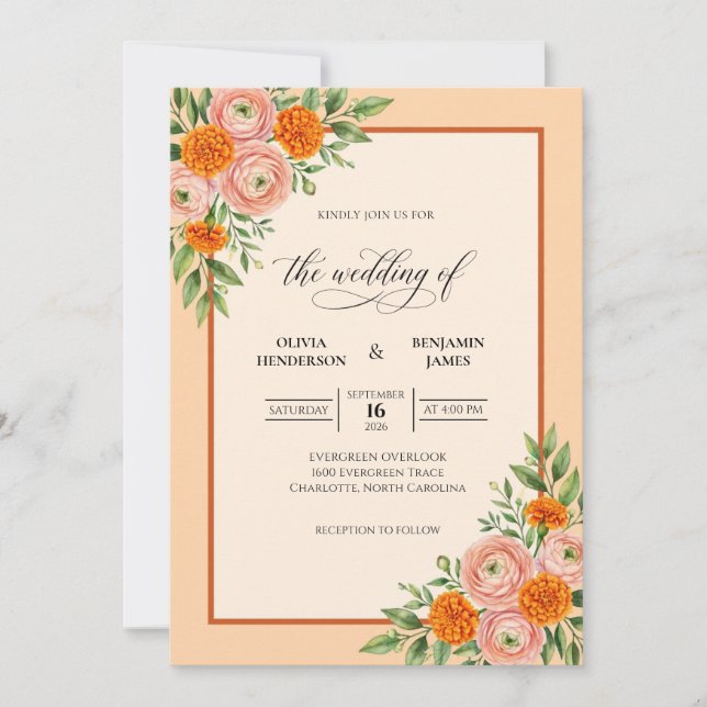 Orange Ranunculus Kräm Eukalyptus Bröllop Inbjudningar (Framsida)