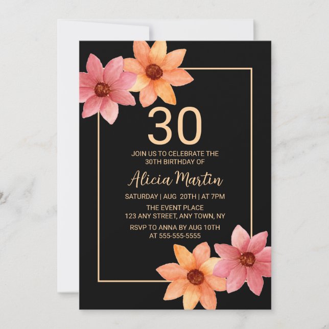 Orange Red Autumn Flora, svart födelsedag i alla å Inbjudningar (Framsida)