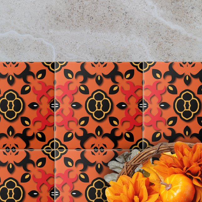 Orange Red Black Ethnic Arabesque Boho Chic Kakelplatta (Skapare uppladdad)
