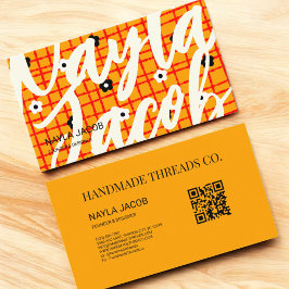 Orange Red Blommigt Check Mönster QR-kod handgjord Visitkort