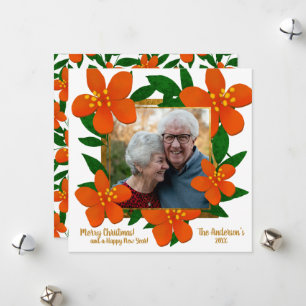 Orange Red Blommigt Guld Ram Fotojul Julkort