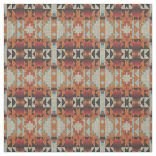 Orange Red Brown Blue Native Tribal Mosaic Mönster Tyg