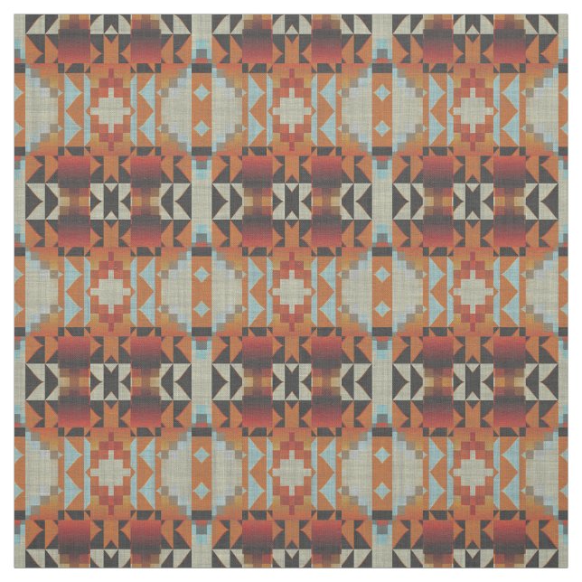 Orange Red Brown Blue Native Tribal Mosaic Mönster Tyg (Provkarta)