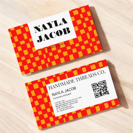 Orange Red Checkerboard Mönster QR Code Handmade Visitkort