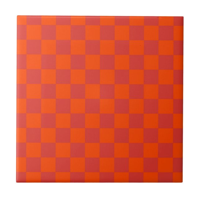 Orange Red Checkered Gingham Mönster Kakelplatta (Framsidan)
