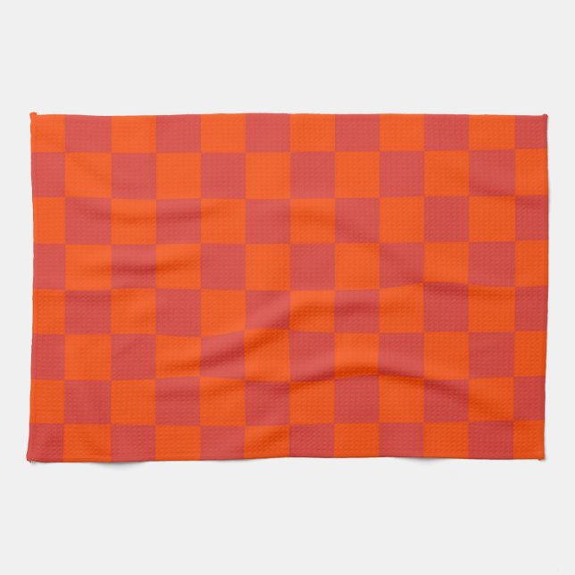 Orange Red Checkered Gingham Mönster Kökshandduk (Horisontell)