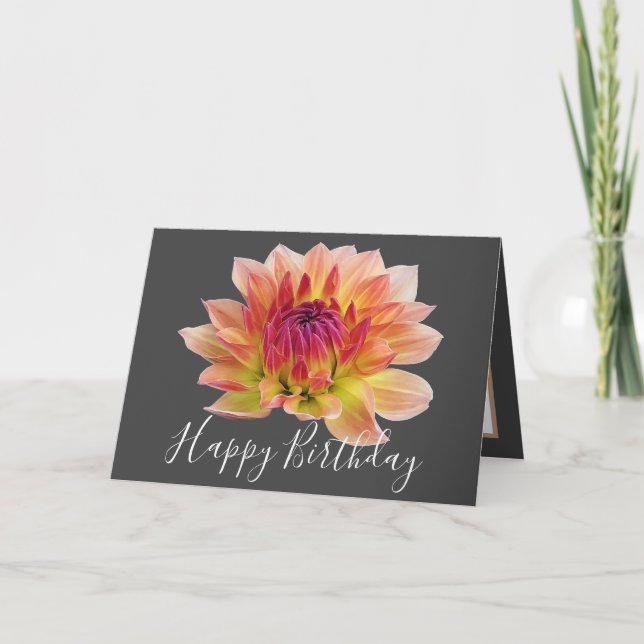 Orange Red Dahlia Flower Grått Background Birthday Kort (Framsida)