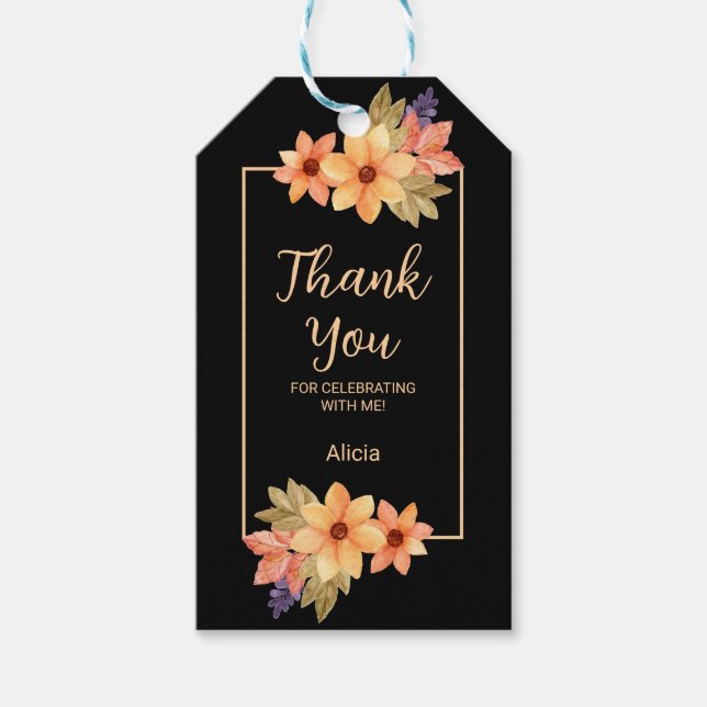 Orange Red Fall Flora Black Birthday Tack Presentetikett (Framsidan)