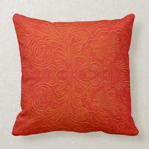 Orange Red Faux Leather Mönster-Embossed Blommigt Kudde