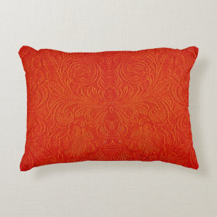 Orange Red Faux Leather Mönster-Embossed Blommigt Prydnadskudde
